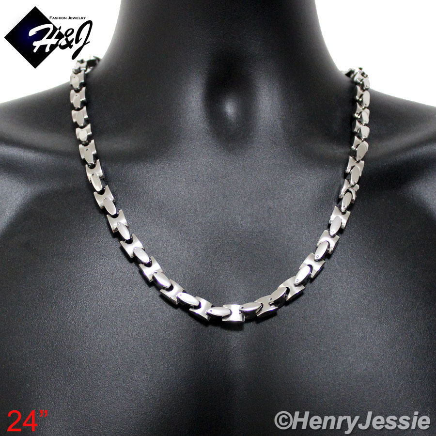 24″MEN’s Stainless Steel HEAVY 8mm Silver Interlock Bones Link Chain Necklace