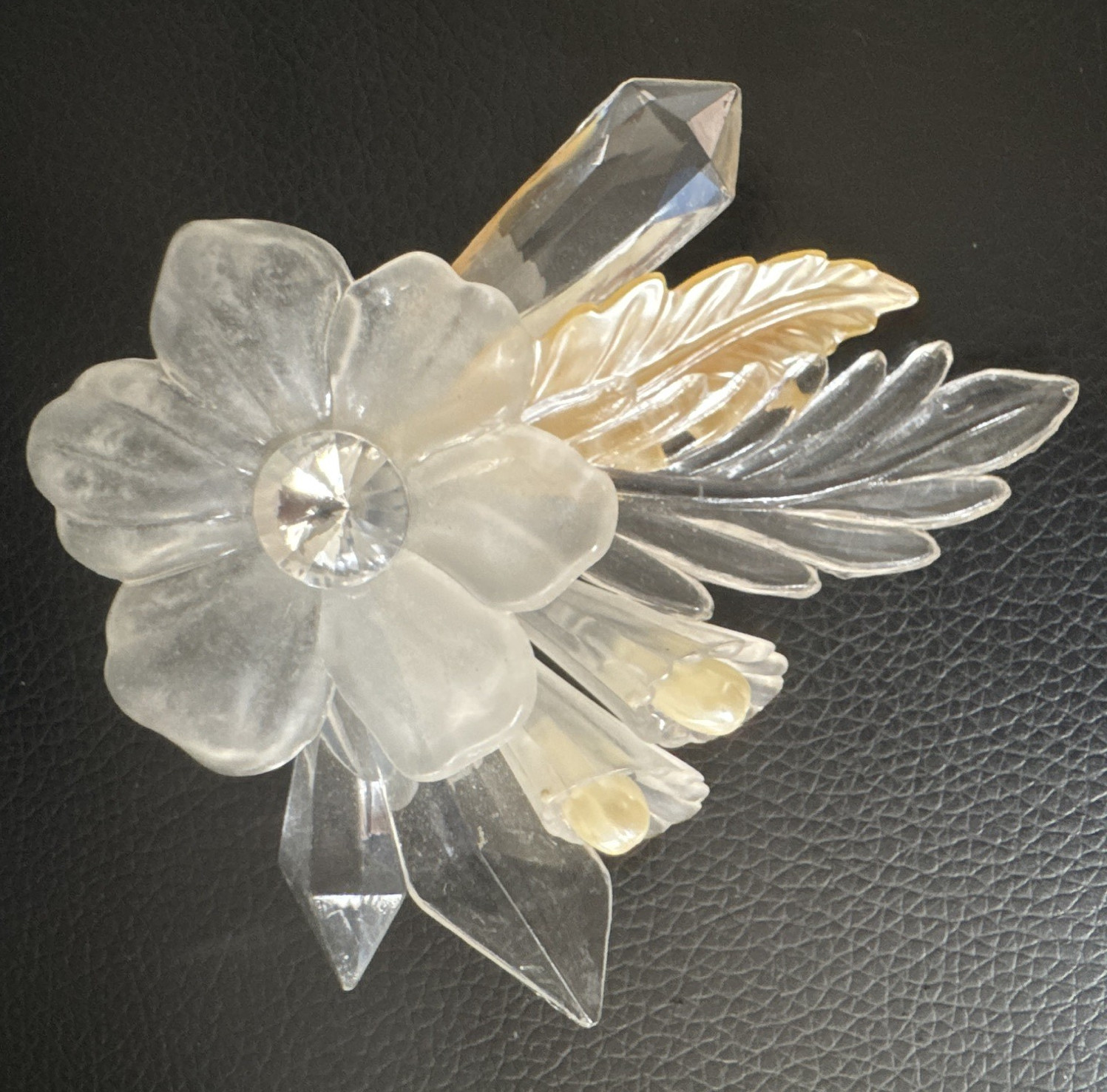 Clear Gold Tone Flower Brooch Pin w/ Clear Round Simulated Rhinestone Center