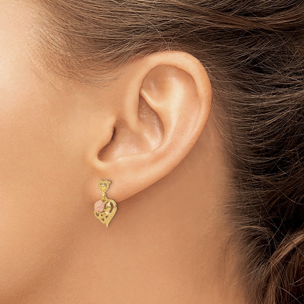 16.15mm 14k Two-tone Gold Heart w/Flower Post Dangle Earrings