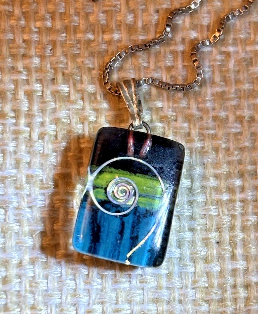 Art Glass Sterling Blue Green Black Silver Set Pendant w/ 16” Chain and Earrings
