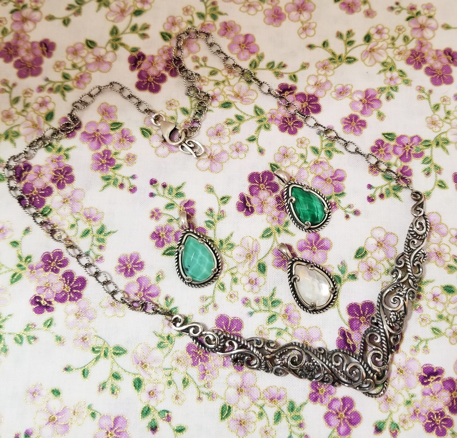 Carolyn Pollack Silver Scroll Filigree V Shape Necklace 3 Charms Sterling 925