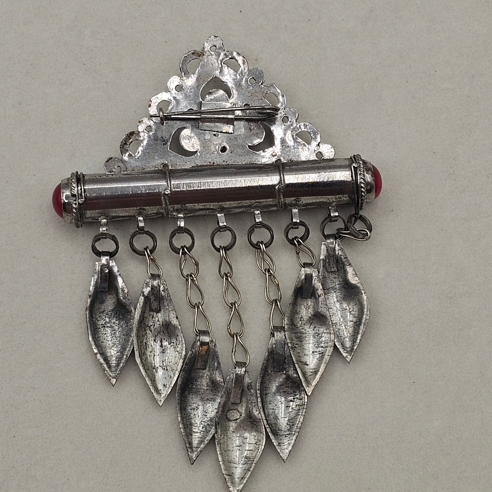 Vintage Turkman Tumar Amulet Pin Tube Verse Holder Red Glass Cabochons