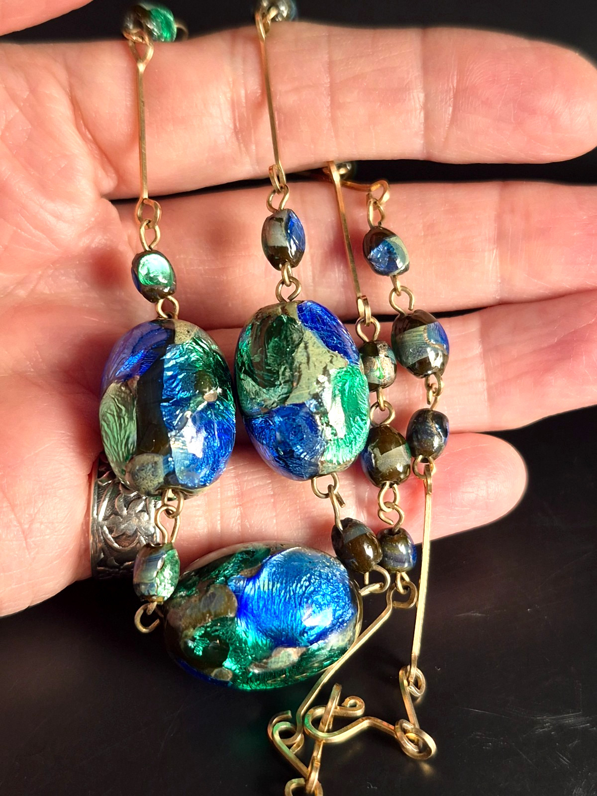 Vintage Art Deco Venetian Green, Blue & Black Foil Glass Bead Necklace 18″