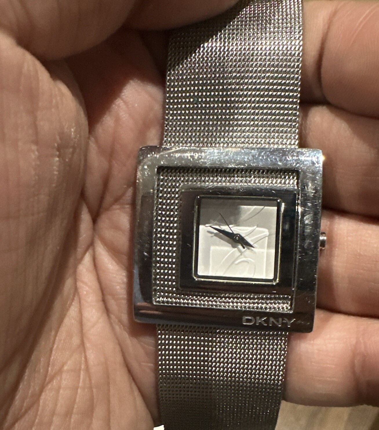 *Working* DKNY Double Square Watch Stainless Steel Silver Mesh Fancy Bracelet