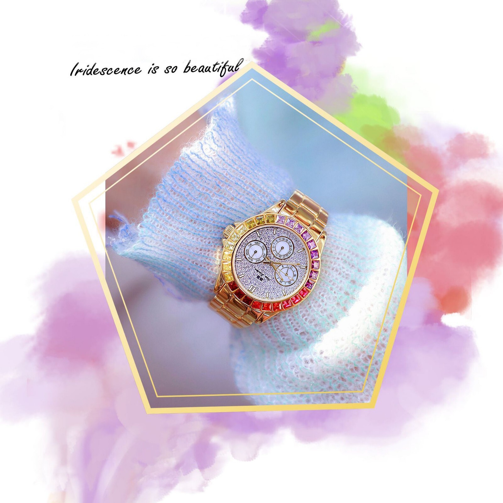 Rainbow Crystal Bezel Women Watch Gold Tone Colored Gems Women’s Wrist Watch