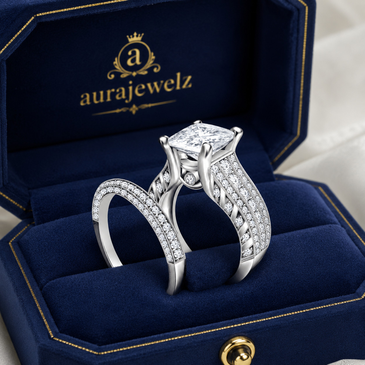 14k White Gold Plated Bridal Band 3 TCW Princess Cut Moissanite Wedding Ring Set