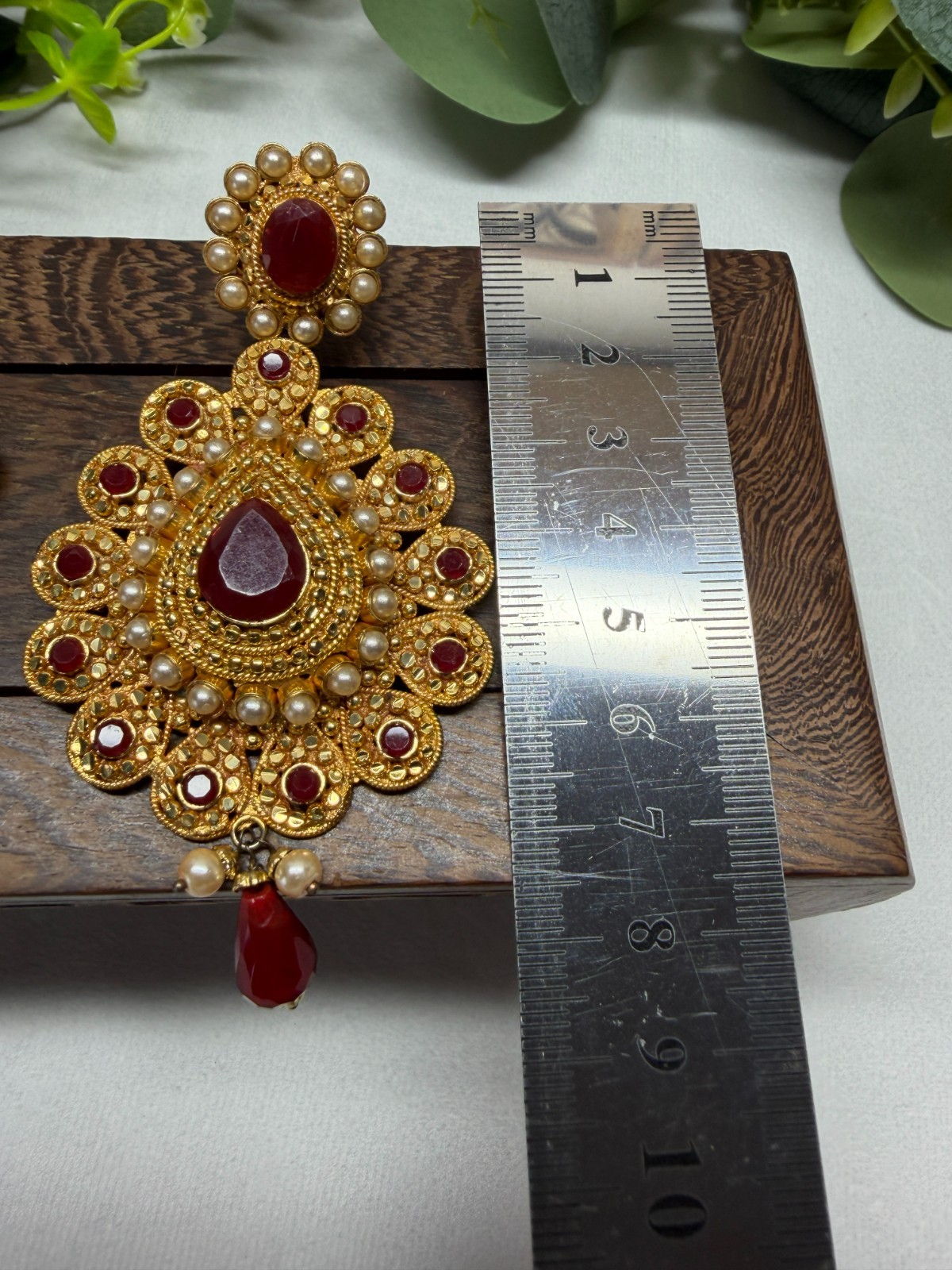 Heavy Ethnic Indian Style Gold & Red Tone Crystal Dangle Earrings – Occasion 40g