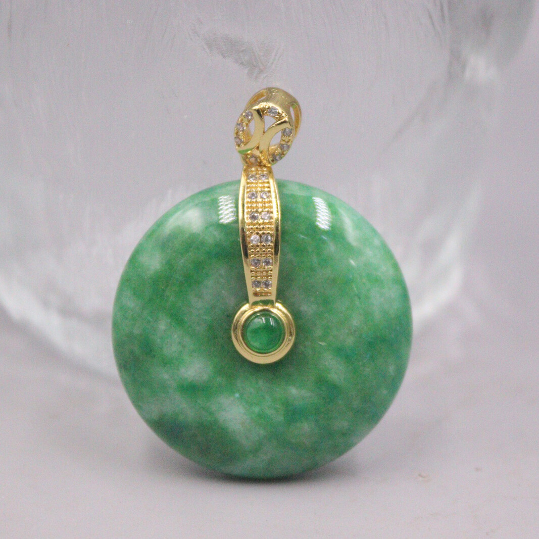 18K Yellow Gold Cover Alloy Handmade Green Jade Big Round Pendant 45*34MM