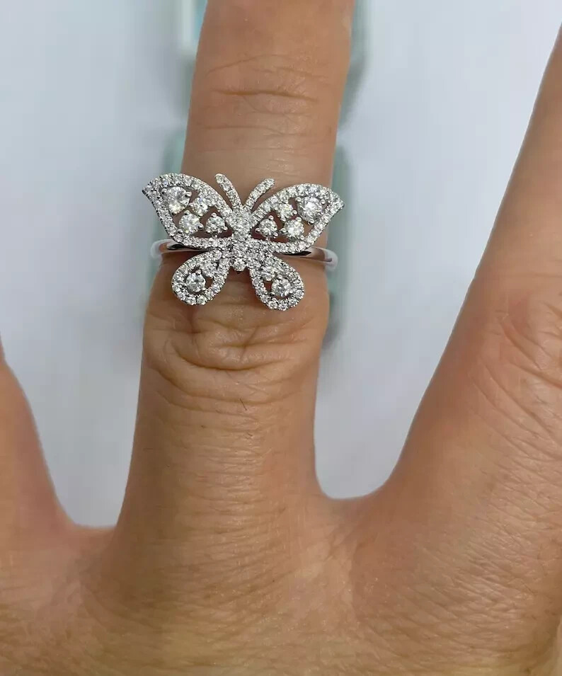 2Ct Real Moissanite Butterfly Engagement Ring 14K White Gold Plated Silver