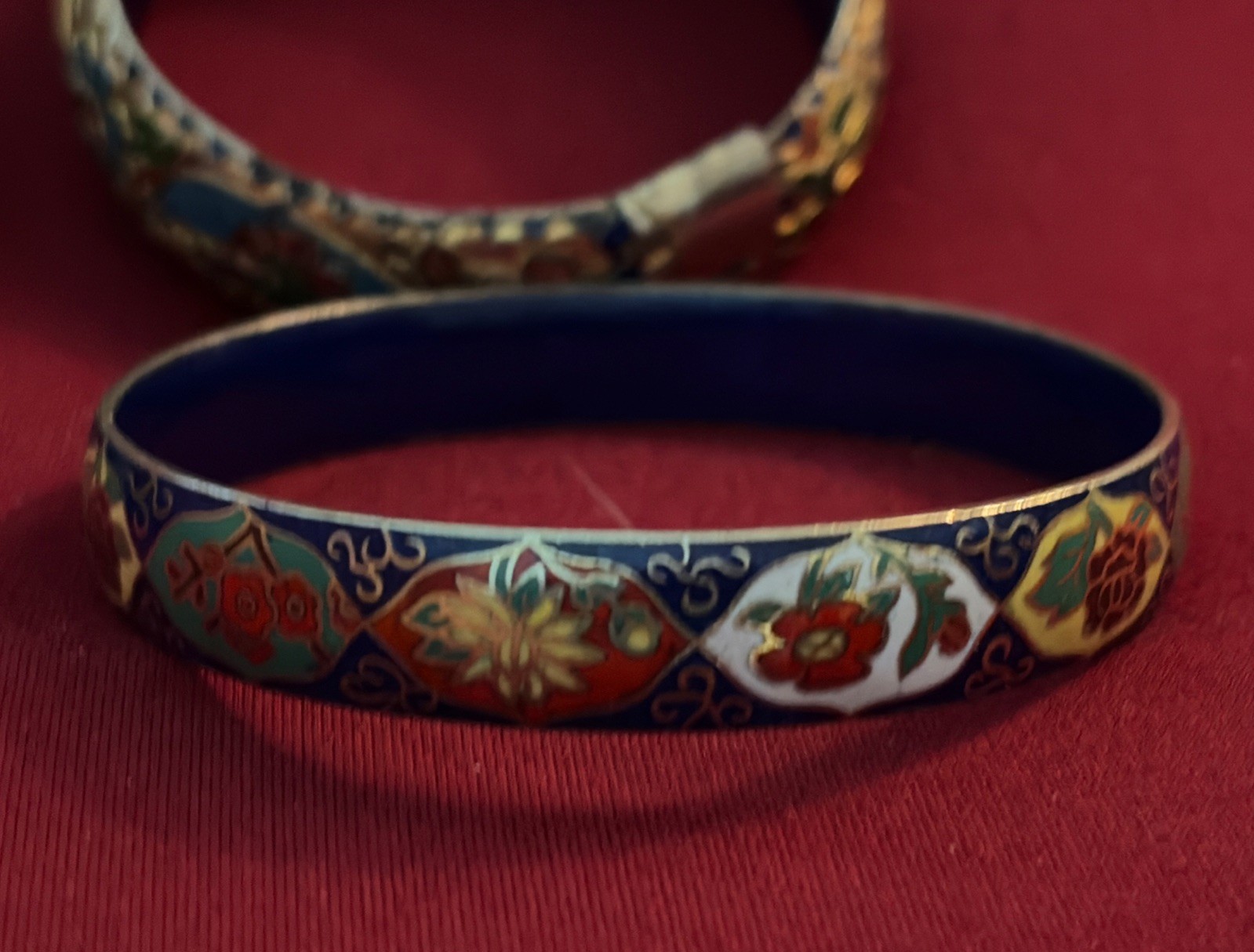 Three Vintage High End Cloisonné Bangle Bracelet One Hinged Antique