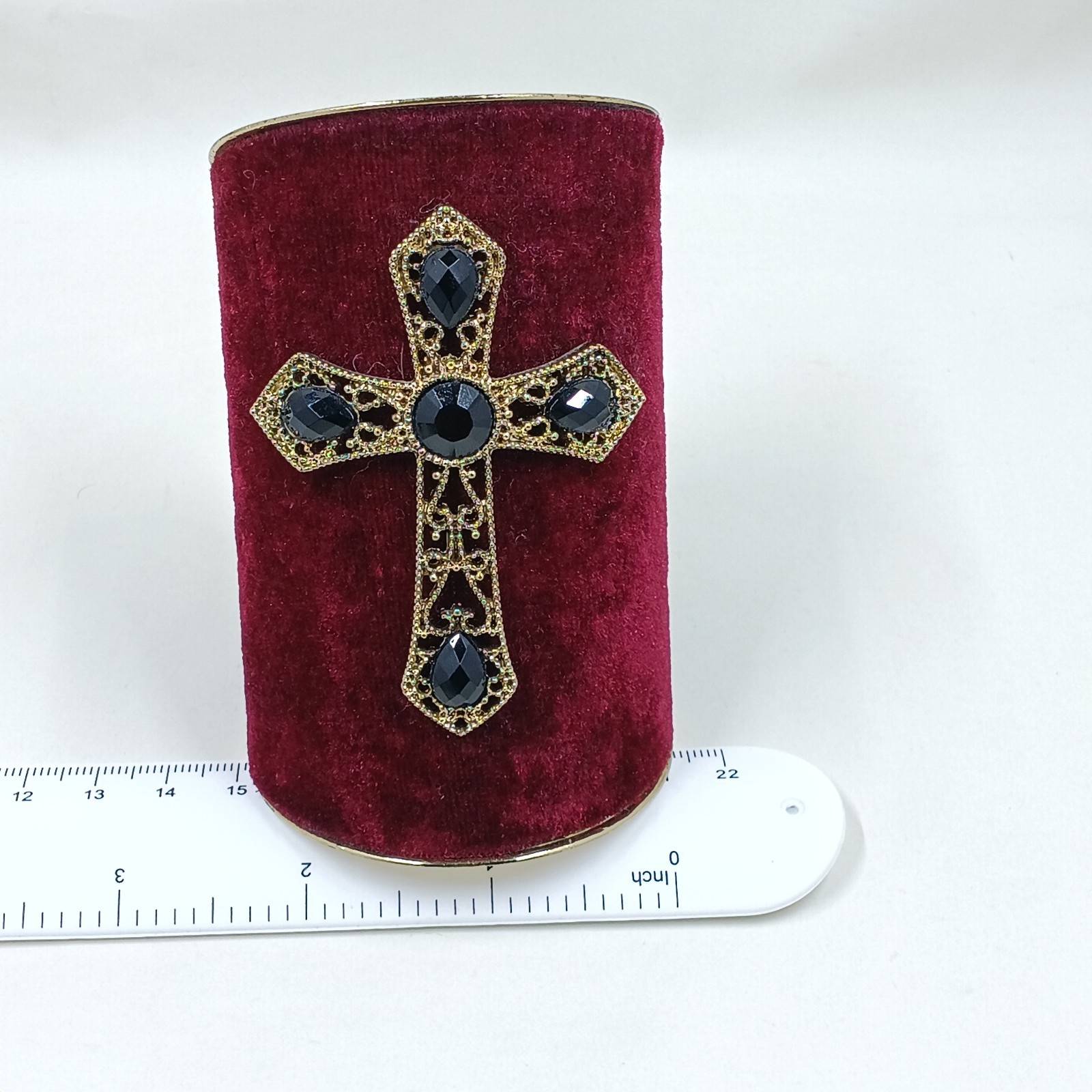 Vintange Cross Cuff Bracelet Red Velvet Gold Tone Black Rhinestones