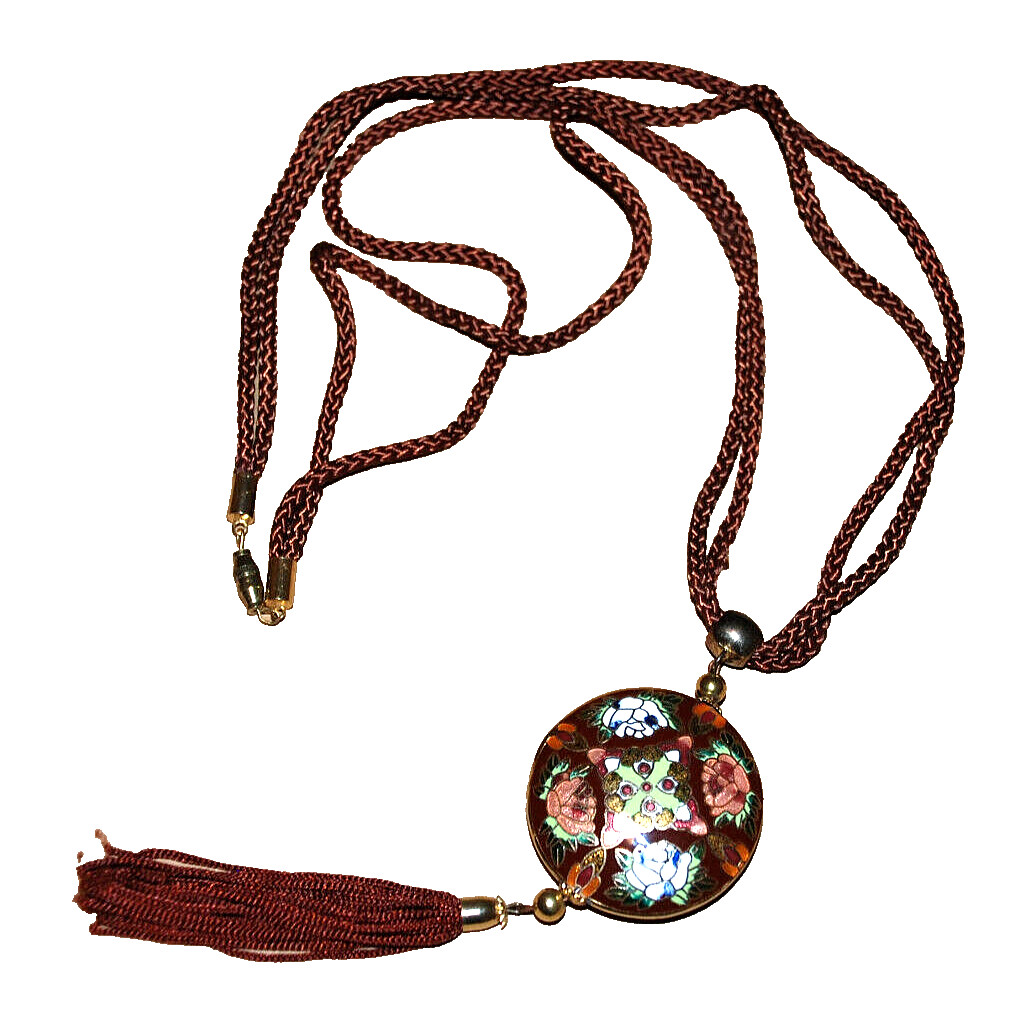Cloisonne Asian Flower Tassel Necklace Pendant Enamel Gold Filled Silk Cord Boho