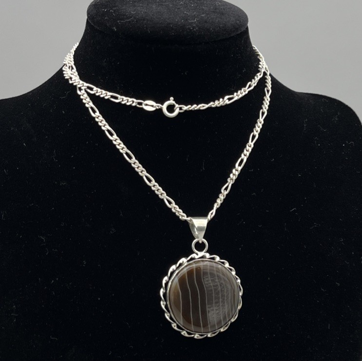 Sterling Silver Banded Agate Sardonyx Pendant Necklace 925 Italy Chain 51cm
