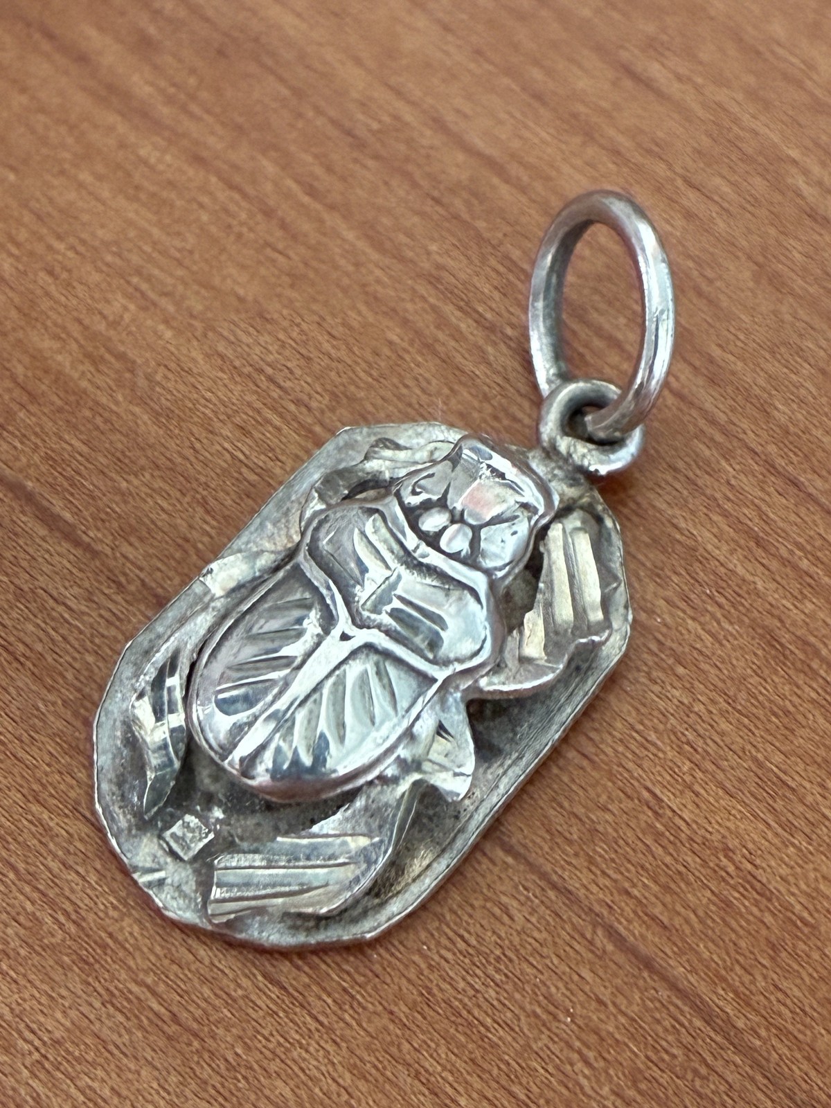 Vintage Egyptian Sterling Silver Scarab Cartouche Pendant Double Side Hieroglyph