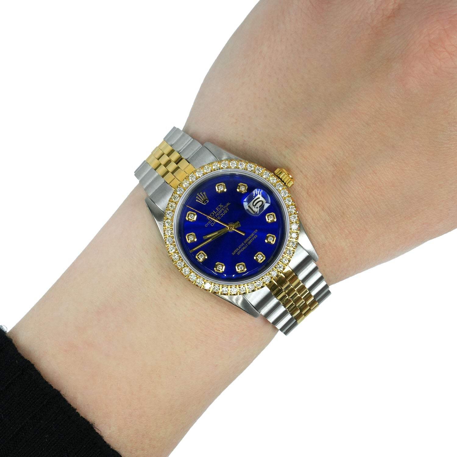 36mm Rolex Datejust 1601 Jubilee Deep Blue Dial 3.30Ct Diamond Bezel Watch