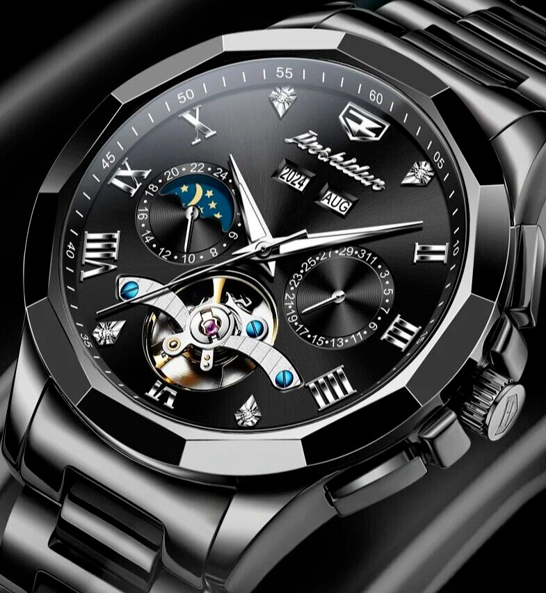 Automatic Mechanical Waterproof Watch Moon Phase Luxury Skeleton Men Men’s Strap