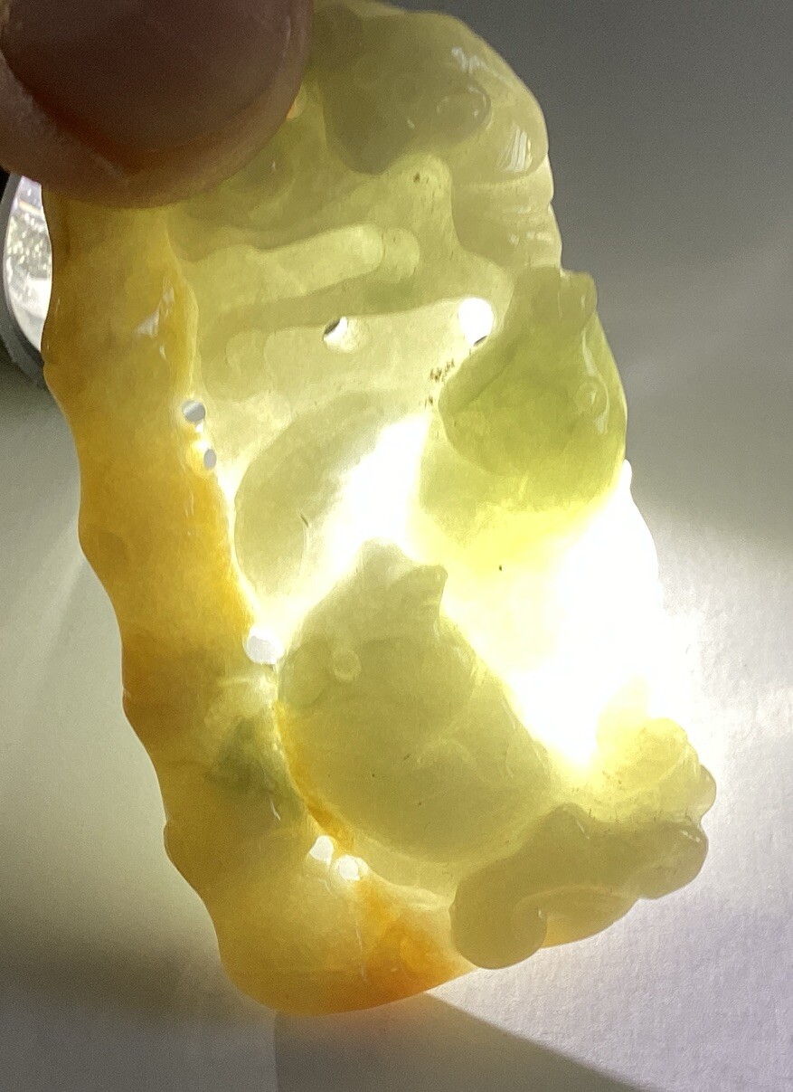 Light Tan Jadeite 2 Fish, Lucky Coin, Bamboo Translucent Pendant