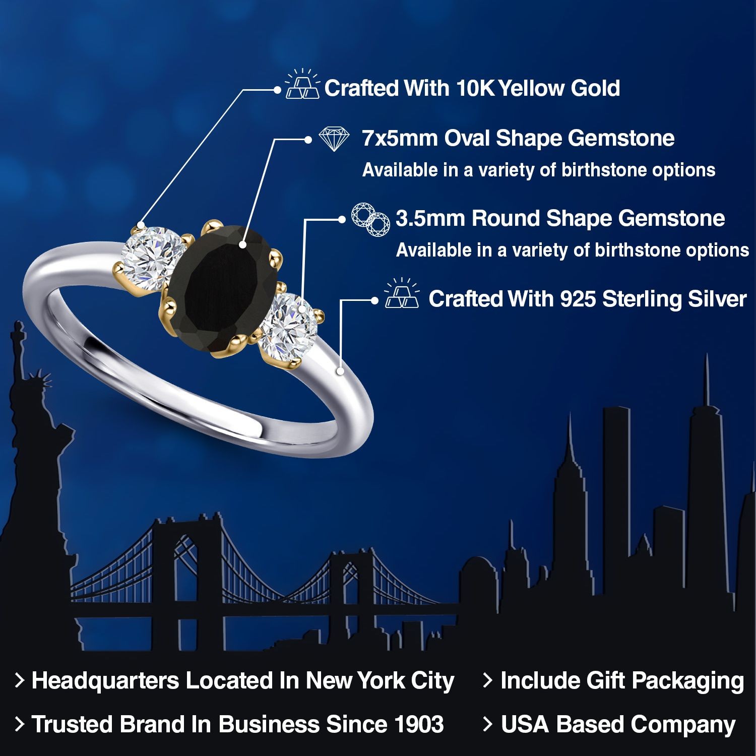 925 Silver and 10K Yellow Gold Onyx and Lab Grown Diamond Engagement Ring For
