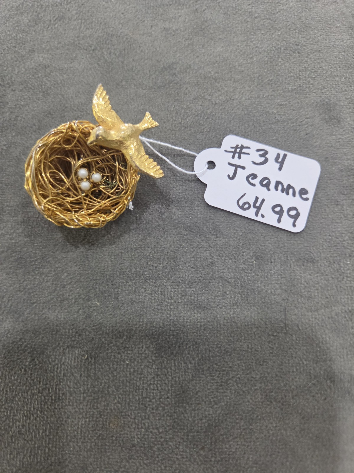 Vintage Signed JEANNE Gold Tone Bird’s Nest Brooch + Faux Pearl Eggs Pin 1.5″