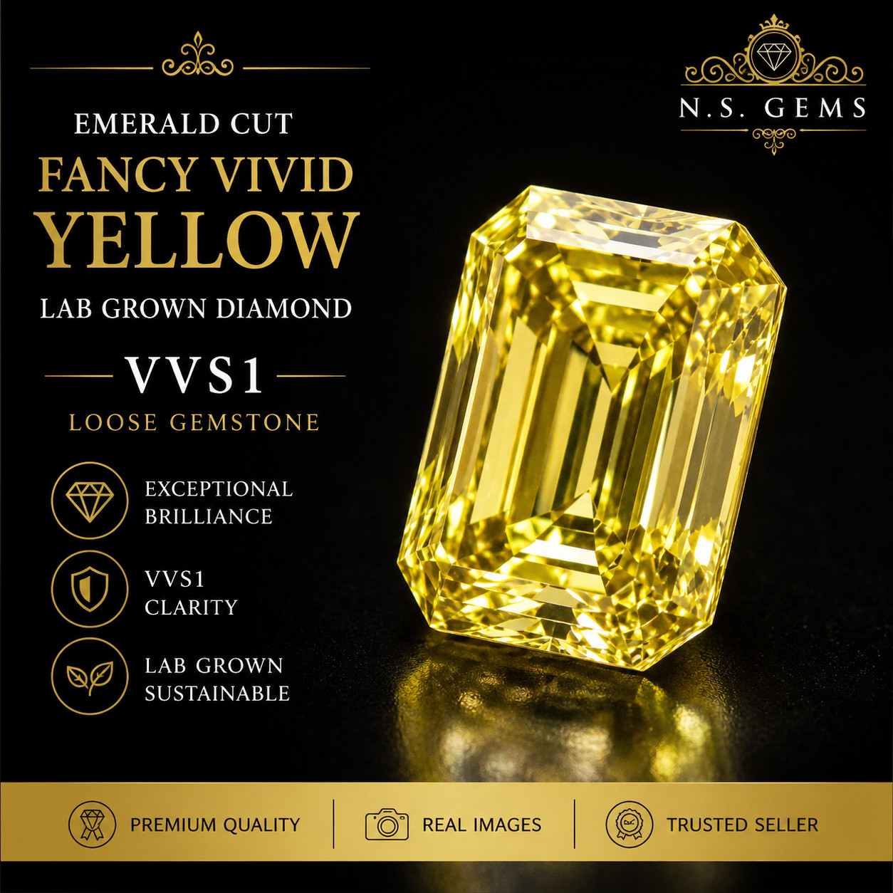 12 Ct Emerald Cut Fancy Vivid Yellow Lab Grown Diamond VVS1 Loose Gemstone.