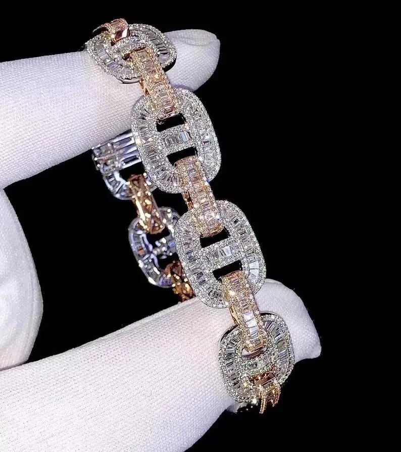 7CT Baguette Lab Created Diamond Men’s Tennis Bracelet 14K Two Tone Gold Finish