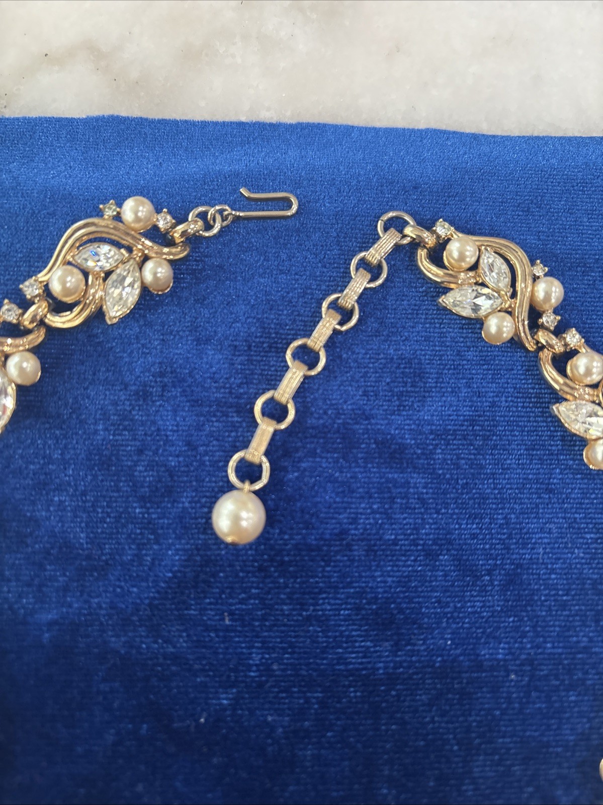 Vintage Midcentury Jewelry Set Signed Trifari. Goldtone, Faux Pearl & Rhinestone