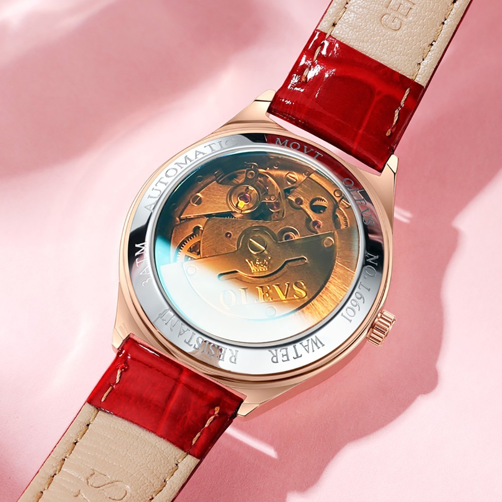 OLEVS 6611 Leather Dragonfly Style Automatic Female Dress Mechanical Wristwatch
