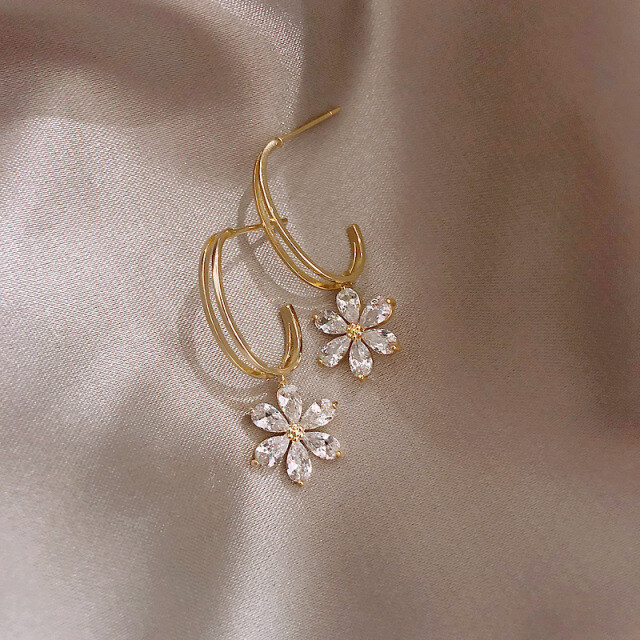 Womens Earrings Gold Plated Drop Hoop Flower Plant Crystal Trendy Modern NEW!