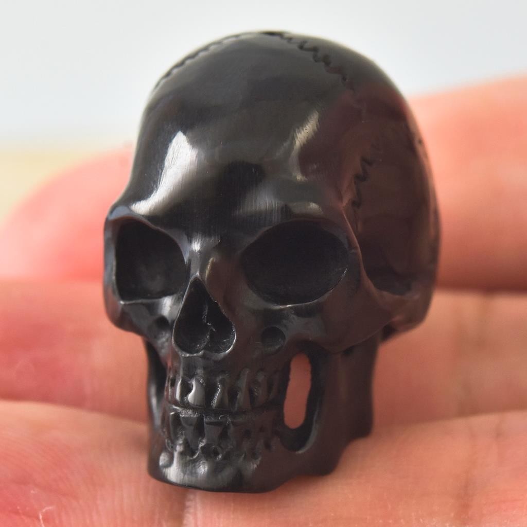 27.22mm Carved Black Horn Human Skull Bead Vertical Drill Jewelry Supply 6.90g