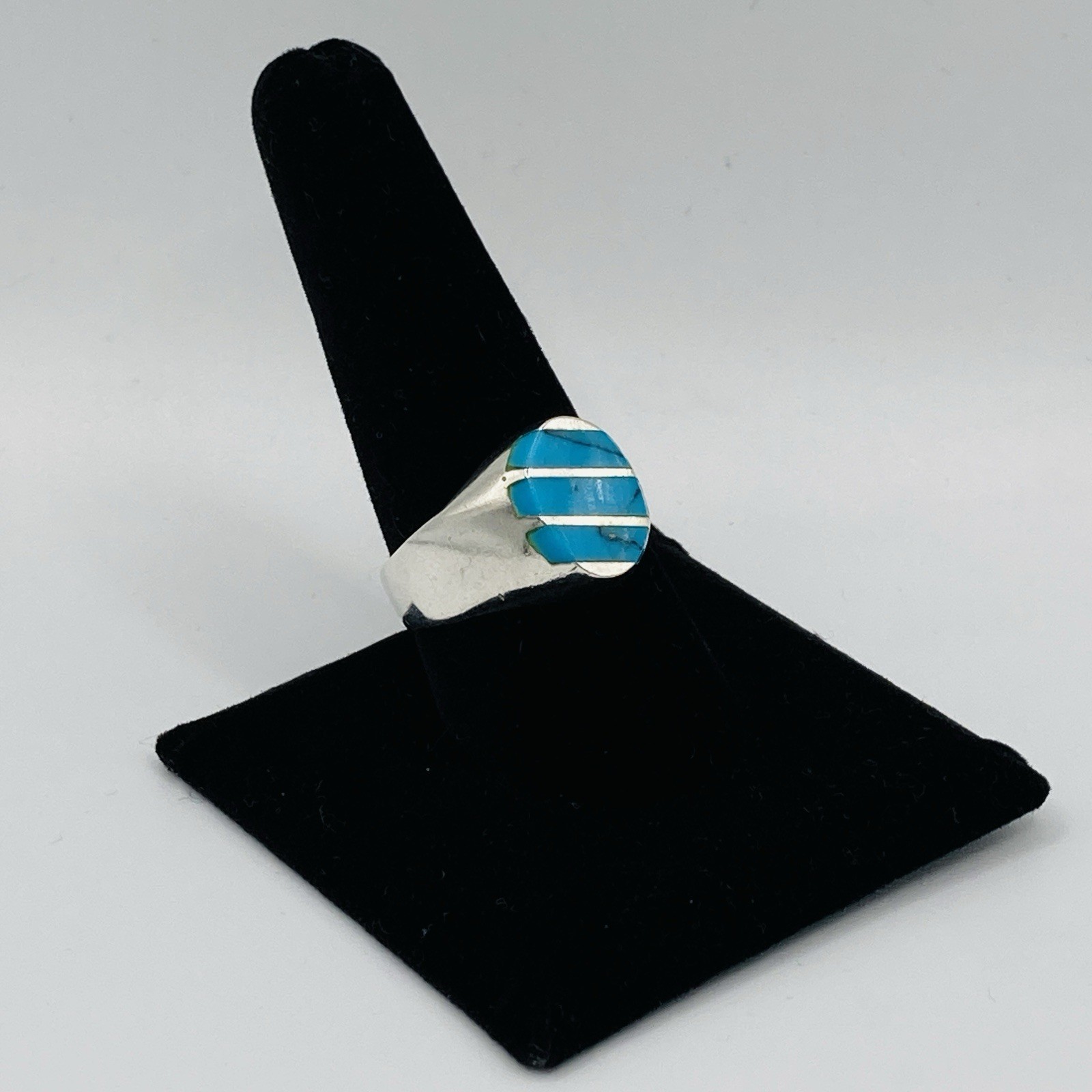 Vintage Taxco 925 Sterling Silver Turquoise Signet Ring Size 10 Linear Inlay 9g