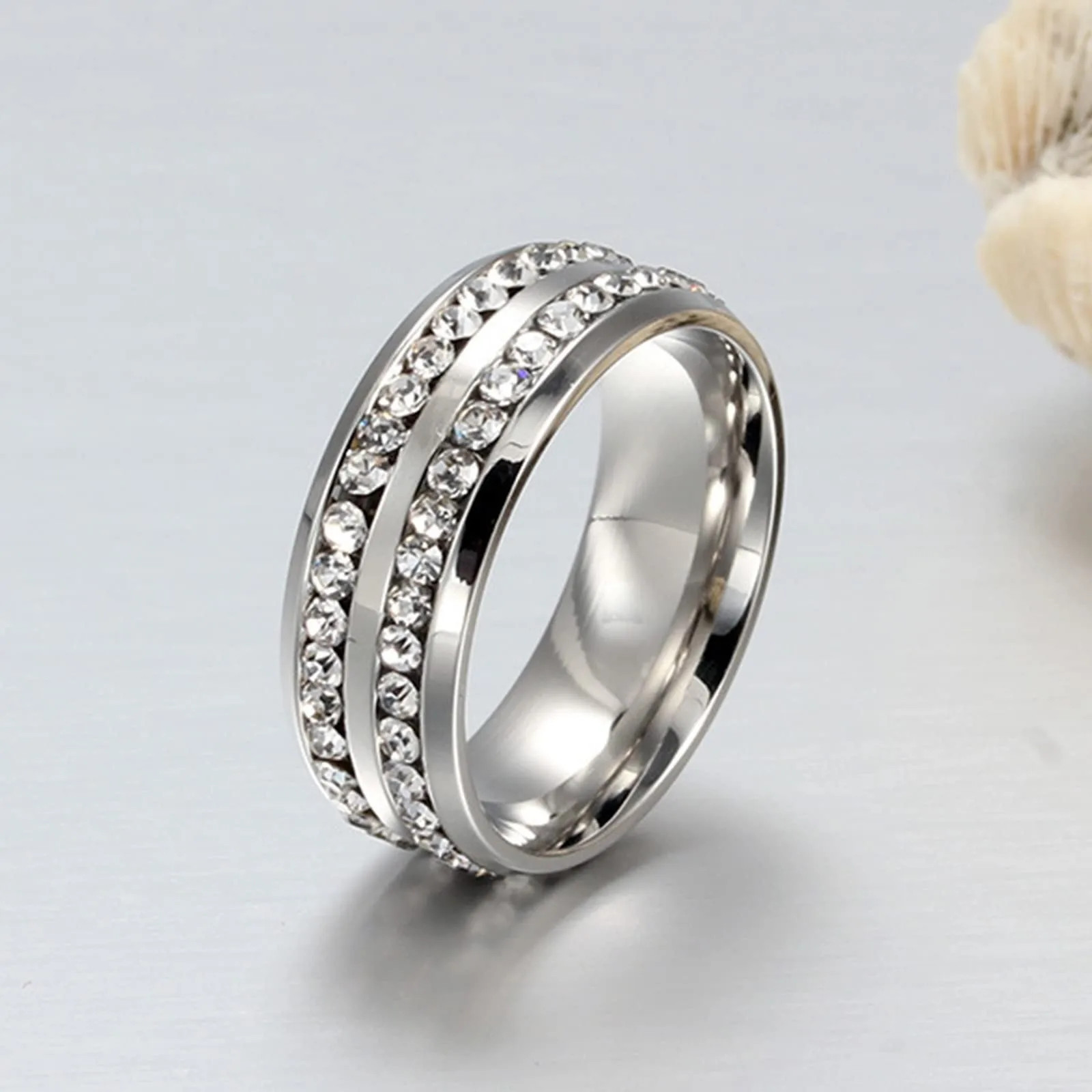 Stainless Steel Ring Marquise Cut Crystal Two Row Wedding Band Women Jewelry