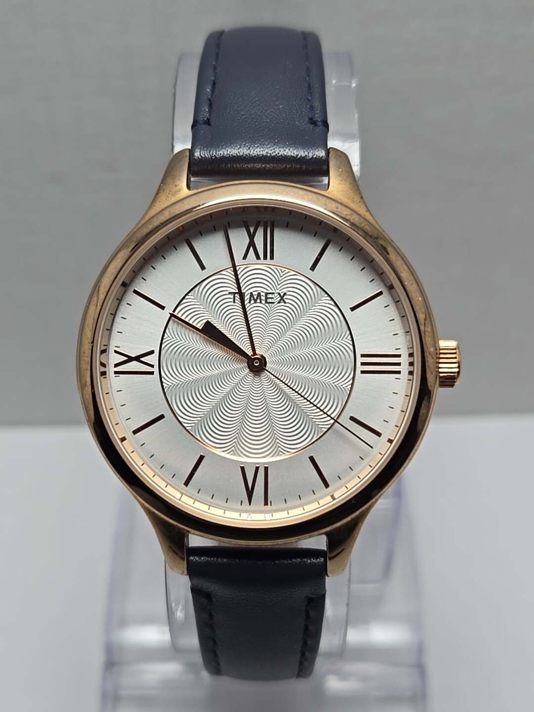 Timex Women’s Peyton Watch Rose Gold Tone Navy Blue Leather Strap New Battery