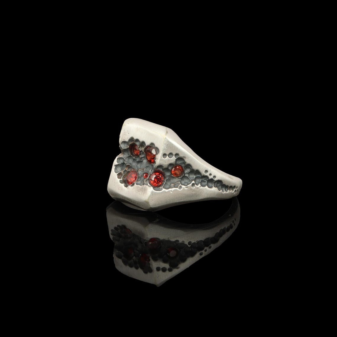 Natural Garnet Sterling Silver Signet Ring, Distressed Mens Jewelry For Father
