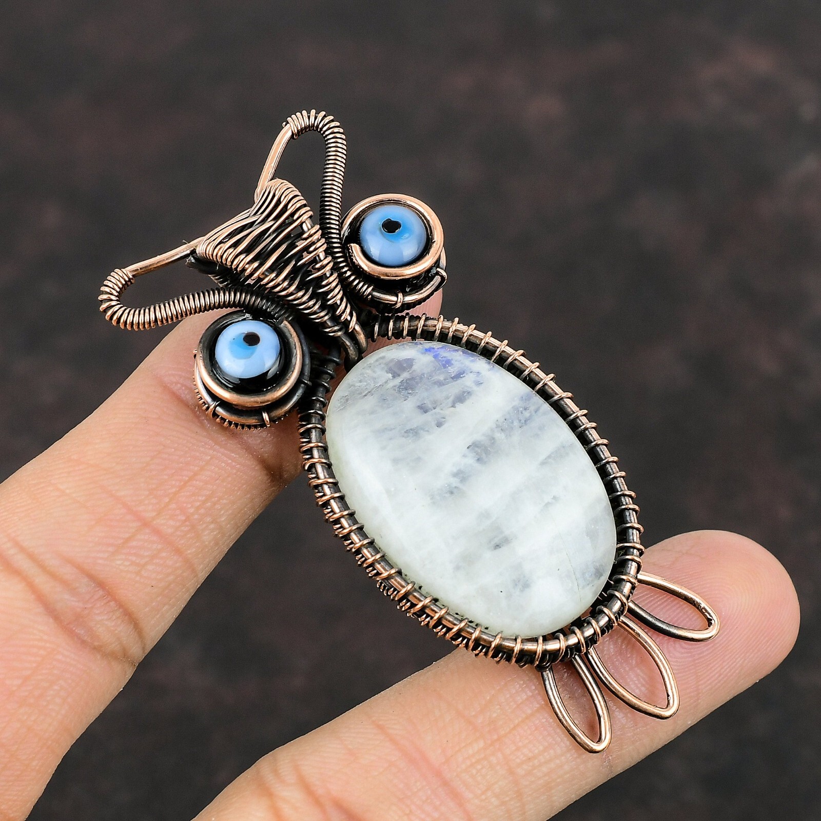 Rainbow Moonstone Wire Wrapped Owl Pendant Handcrafted Copper Ethnic 2.76″