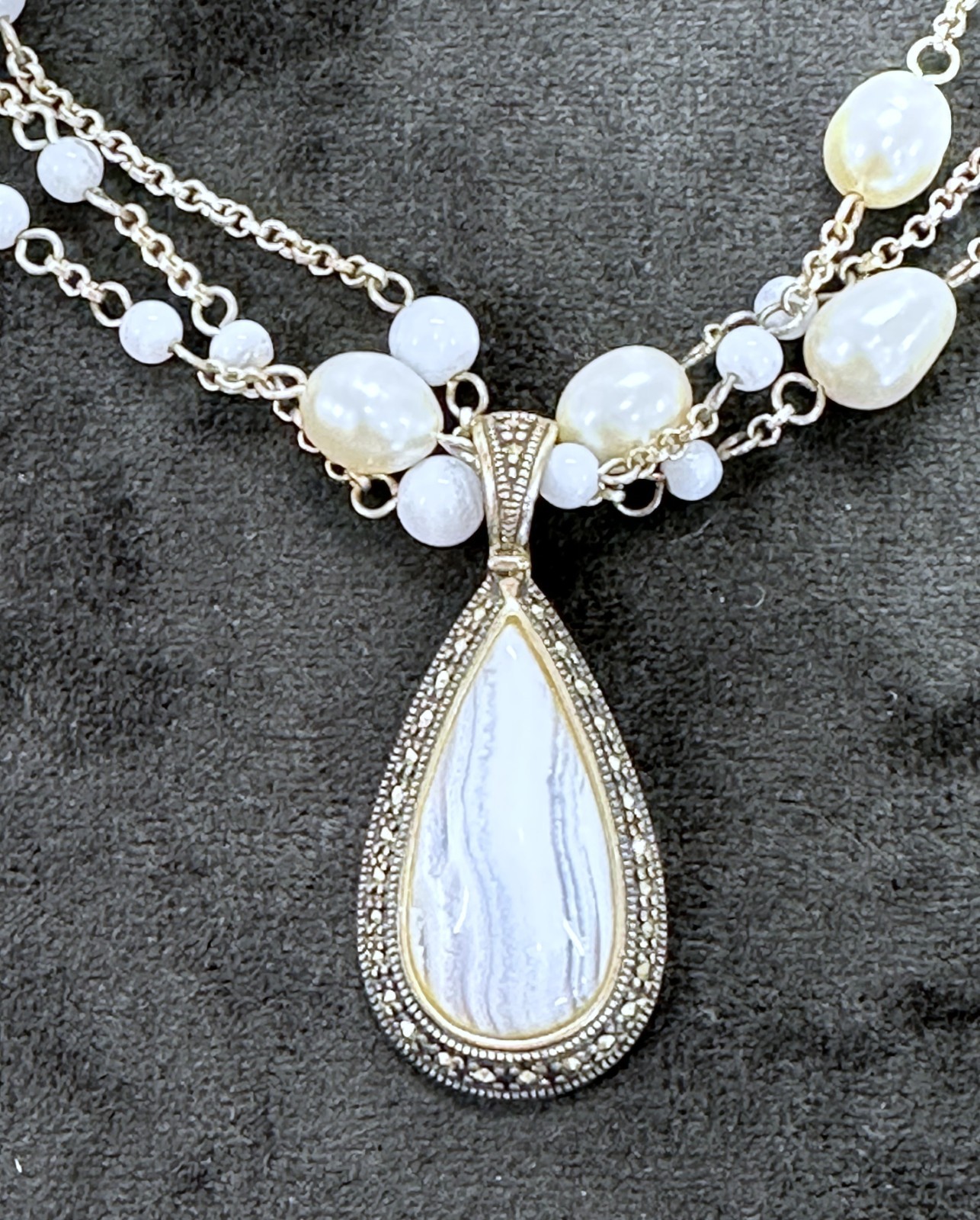 Marcasite 925 Sterling Silver Blue Lace Agate & Pearl 3 Strand Necklace 17″ 39g