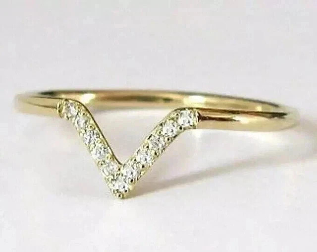 1Ct Round Cut Lab Created Moissanite V Shape Wedding Ring 14K Yellow Gold Plated