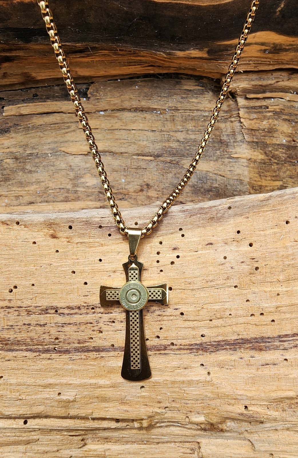 Gold Stainless Steel Cross Necklace with 9mm Bullet. Optional Crystal.