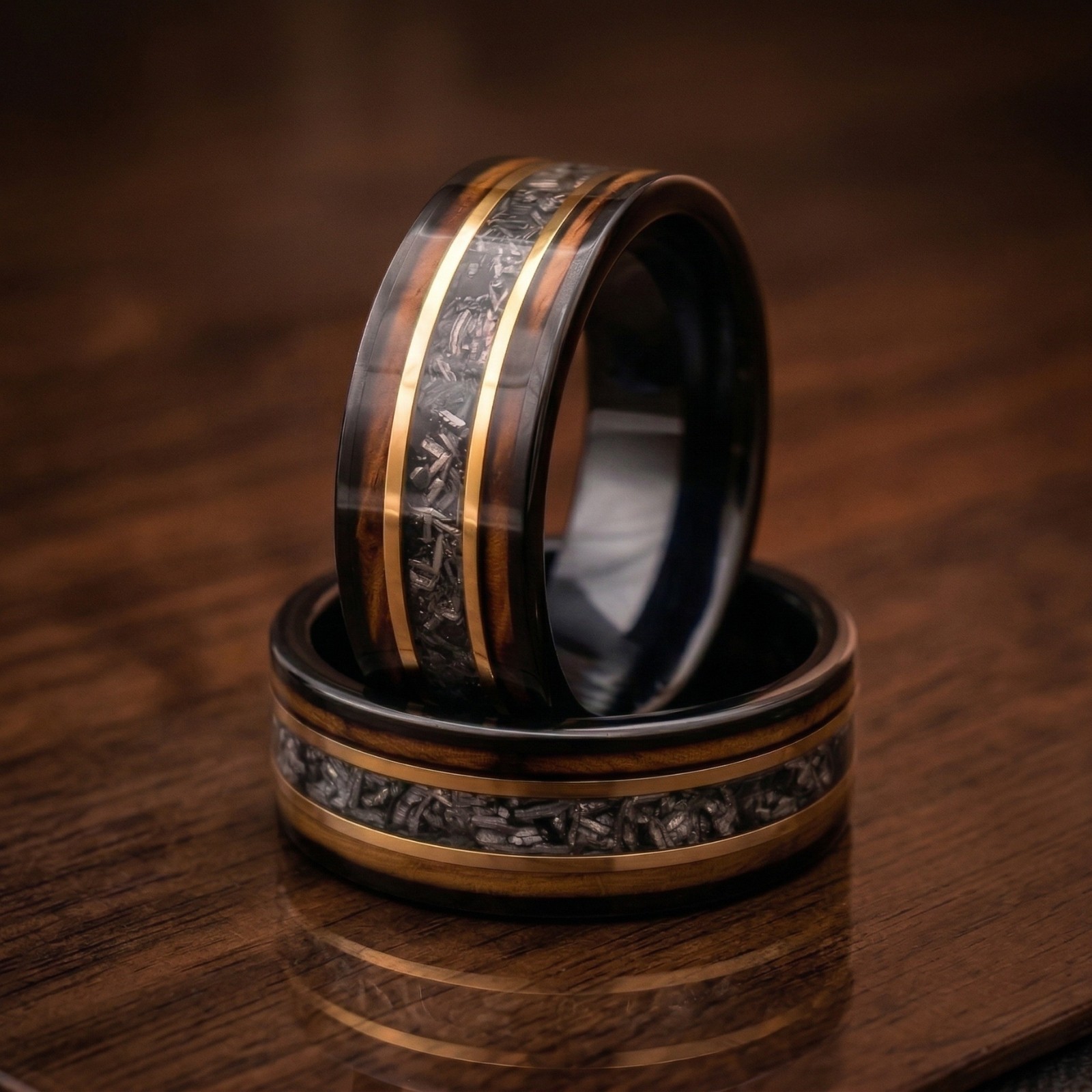 Meteorite Whiskey Barrel Wood Ring Black Tungsten Mens Wedding Band 8mm