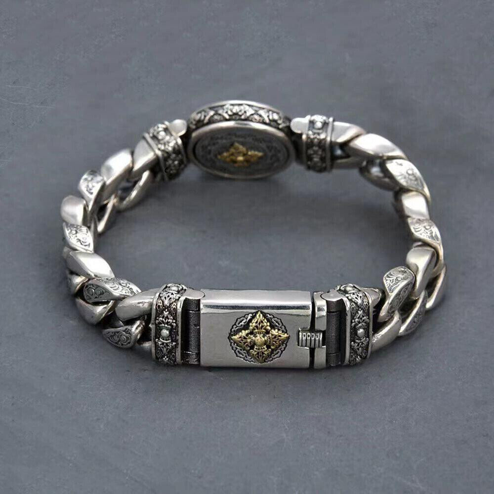 Pure S925 Sterling Silver Chain 11mm Round Vajra Curb Link Bracelet 7.1-8.7inch