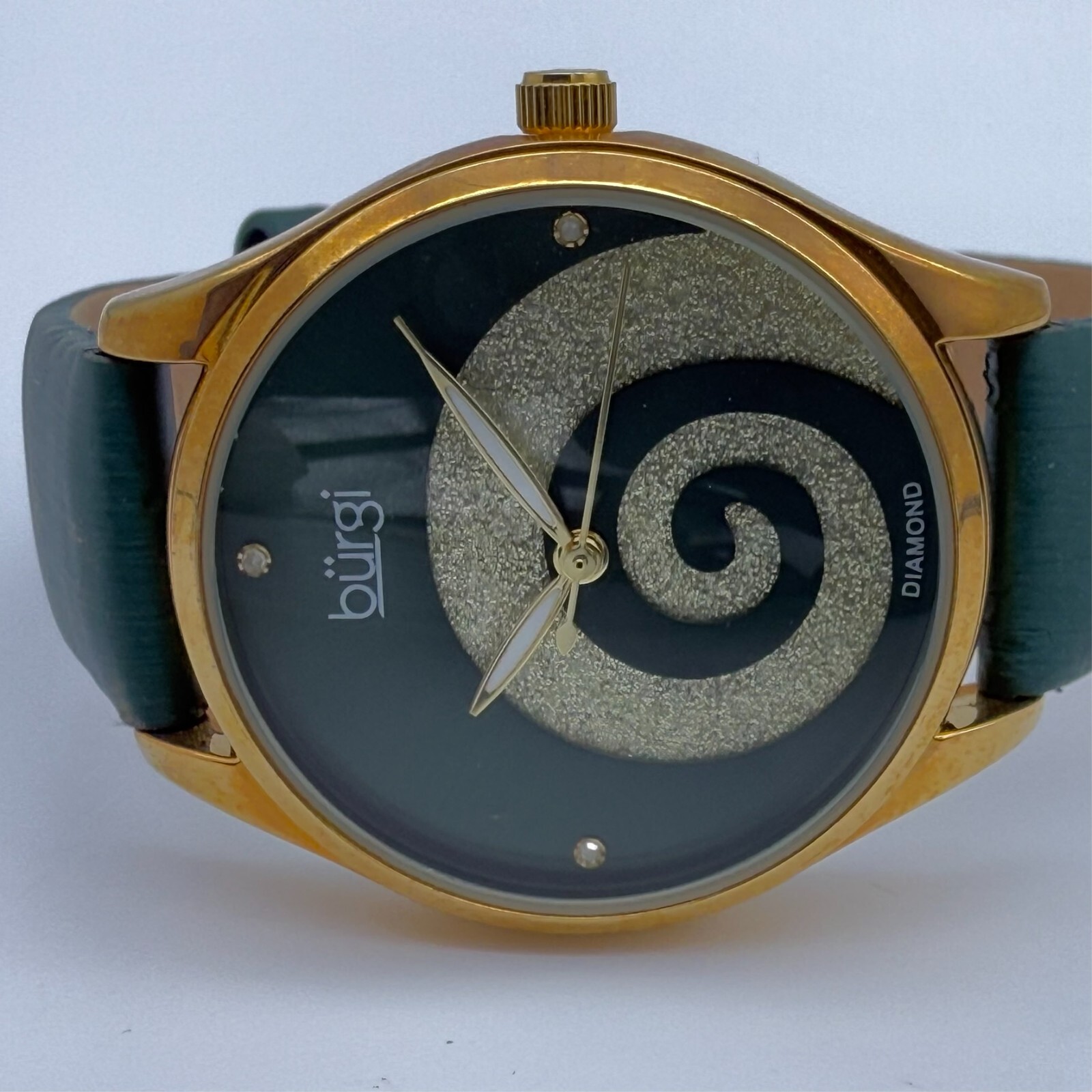 Women’s BURGI Swarovski Swirl Diamond Marker Watch, Green Leather, 34mm BUR201GN