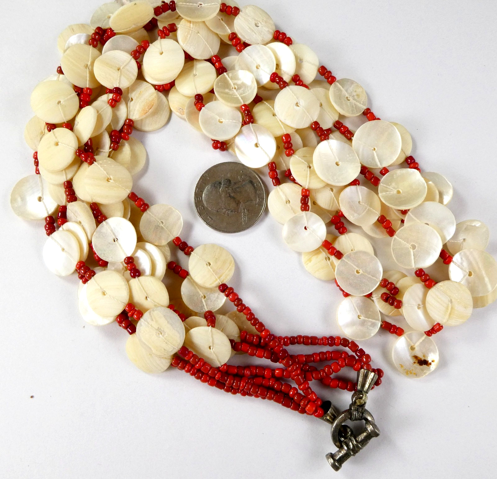 Vintage MOP Shell Disc Button Necklace Multi Strand w/ Coral Seed Beads LOVELY!
