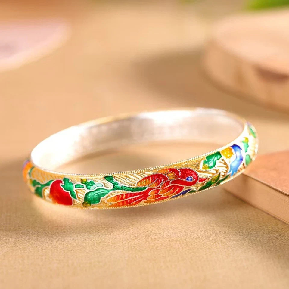 Pure S999 Fine Silver Bracelet 10mm Lucky Enamel Fish Open Bangle 34-35g ID:58mm