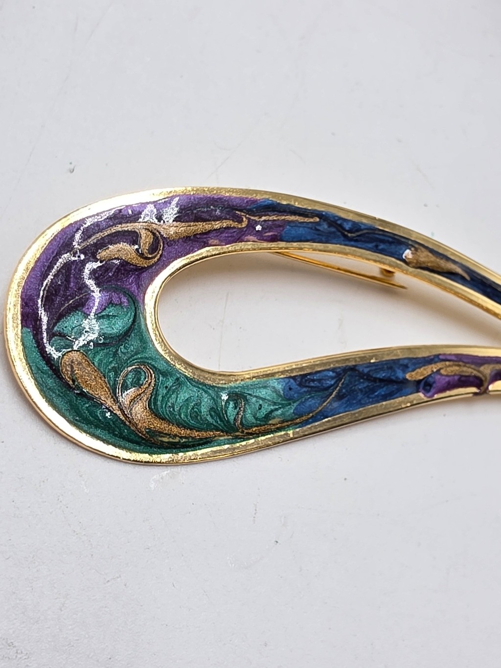 Vintage Abstract Enamel Brooch – Gold Tone Blue, Purple & Teal Art Nouveau Style