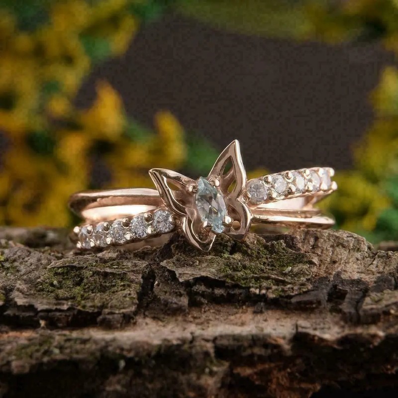 14k Rose Gold Plated 1Ct Round Cut Simulated Diamond Butterfly Wedding Band Ring
