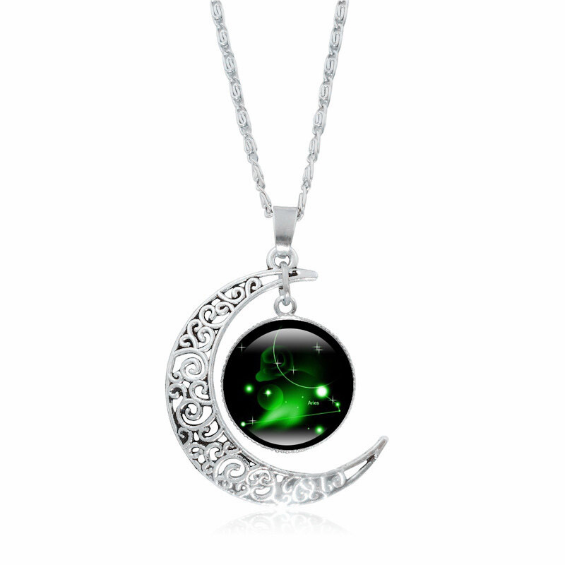 Moon Shaped Zodiac Sign Necklace Horoscope Astrological Pendant with 17″ Chain