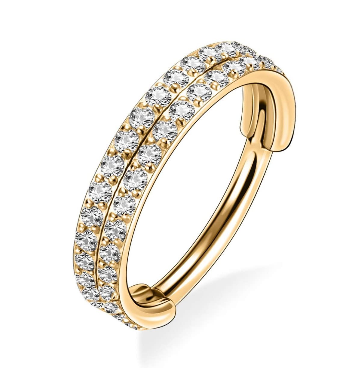 16G Gold 8mm Hinged Nose Ring Hoop Double Row Diamonds Septum Piercing Jewelr…