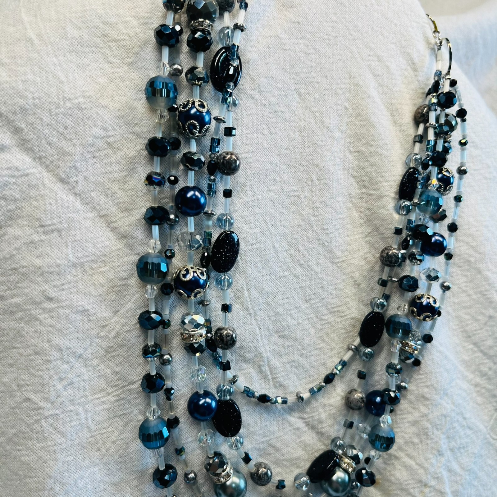 Blue White Silver Beaded 5 Strand Necklace 18″ long – HANDMADE