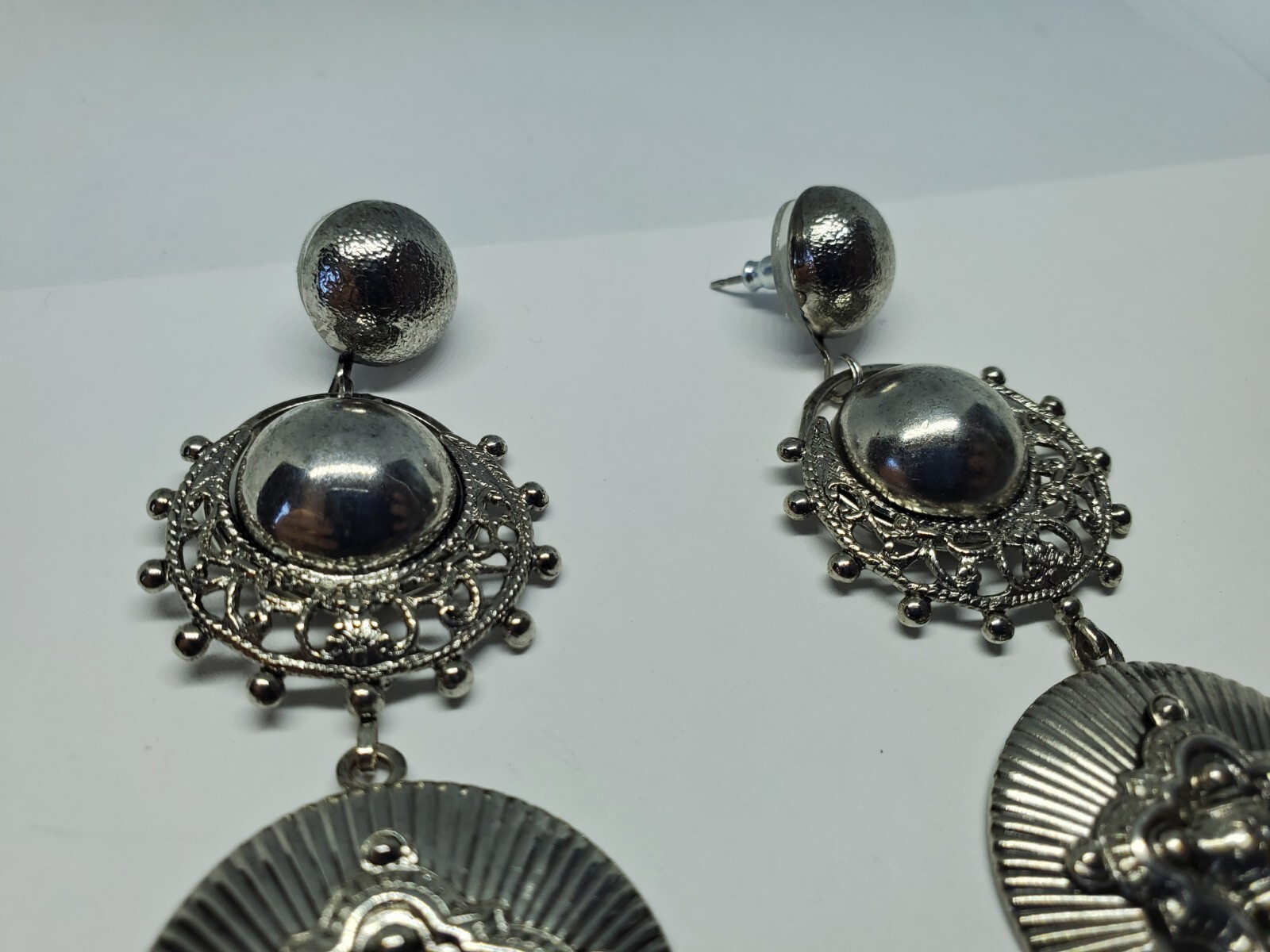 Elizabeth Cole Huge Silver Tone Ornate Statement Dangle Earrings