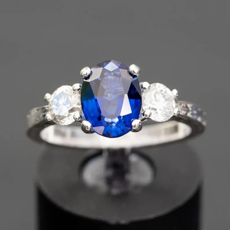 2.80 Ct Oval Natural Sapphire & Diamond Wedding Ring Sterling Silver