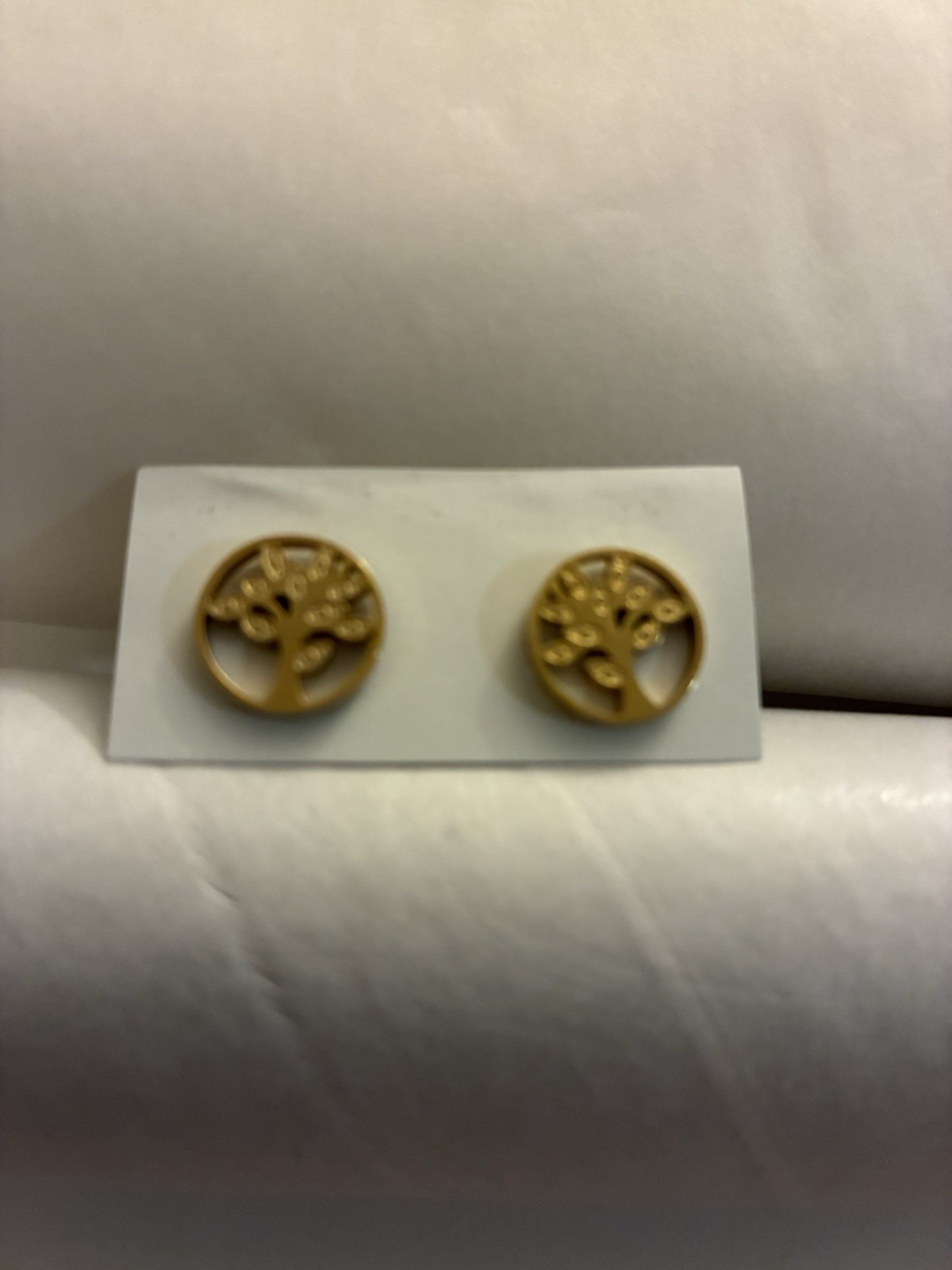 Gold Tone Tree of Life Round Stud Earrings Butterfly Closure No Stone Lobe